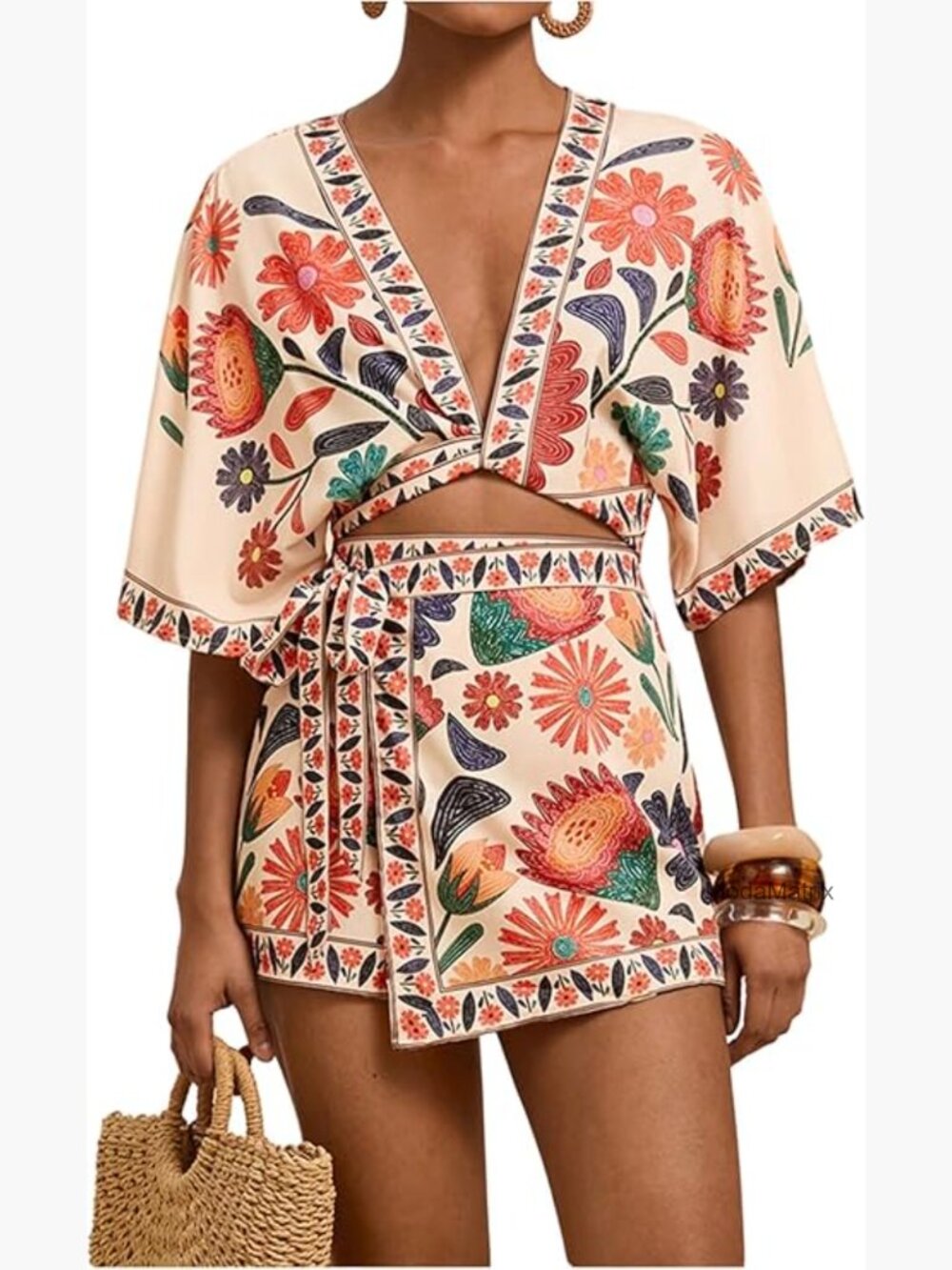 Polyester Blend 2-Piece Set, Half Sleeve Crop Blouse & Wrap Skirt, Small